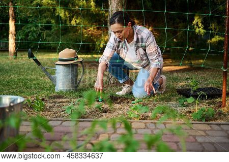 View Through A Net For Tying Cucumbers At A Young Farmer Digging A Hole For Planting Seedlings At A 