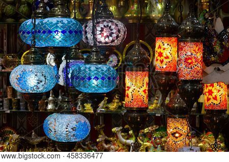 Souvenir Shop With Arabic Lamps In Oman, Muscat Market