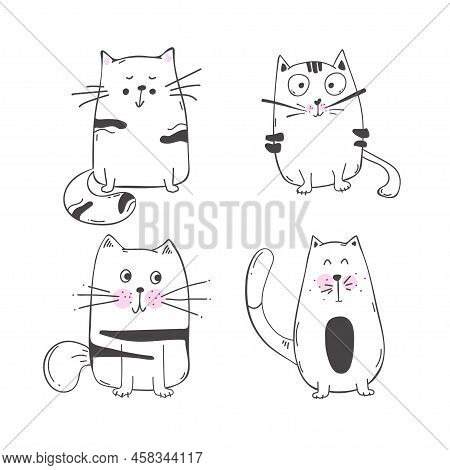 Vector Illustration Set Of Character Design Outline Of Cat Draw Doodle Style. Isolated On White. Vec