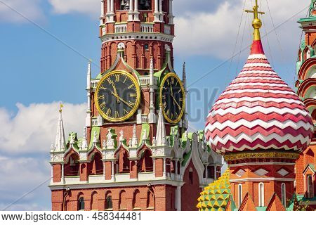 Spasskaya Tower Of Moscow Kremlin And A Tower Of Cathedral Of Vasily The Blessed (saint Basil's Cath