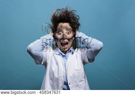 Psycho And Scared Mad Chemist Screaming In Panic After Dangerous Chemical Explosion And Failed Scien