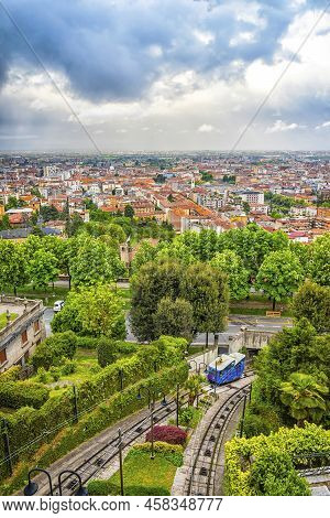 Bergamo , Italy - April 24, 2019: Funicular Railway Upper Town - Lower Town (italian: Funicolare Cit