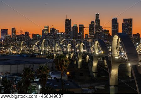 Los Angeles, Ca - July 14 2022:  View Of The Los Angeles Skyline At Sunset Over The 6th Street Bridg