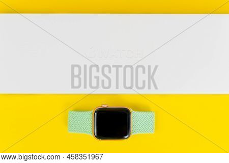 May 29, Rostov, Russia: New Apple Watch With Box And Bright Green Braided Solo Loop Made Of Stretcha