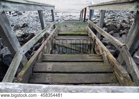 Abandoned Wooden Stairway Alki Beach, Seattle, Wa