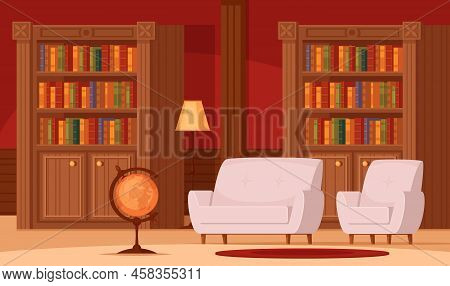 Traditional Library Interior Flat Orthogonal Composition With Bookshelves Terrestrial Globe Lamp Com