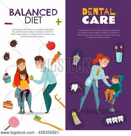 Vertical Pediatric Dentistry Vertical Banner Set With Balanced Diet And Dental Care Descriptions Vec
