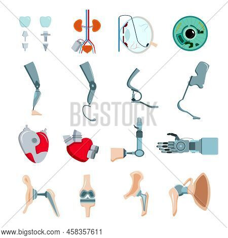 Orthopedic Prothesis Medical Implants Artificial Body Parts Flat Icons Collection With Mechanical He