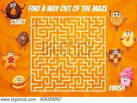 Cartoon Bakery Pastry Cakes And Cookies, Labyrinth Maze Or Vector Game Worksheet. Labyrinth Riddle T