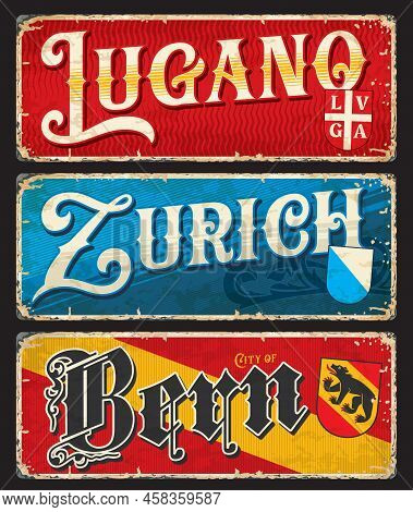 Lugano, Bern, Zurich, Swiss City Plates And Travel Stickers, Vector Luggage Tags. Switzerland Cities