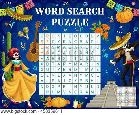 Mexican Dia De Los Muertos Day Of Dead Holiday Word Search Puzzle Game Worksheet, Kids Quiz Grid. Ve