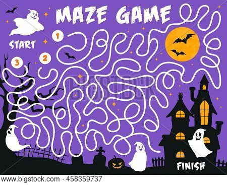 Labyrinth Maze Game, Halloween Ghosts On Cemetery, Vector Kids Puzzle Worksheet. Labyrinth Maze Ridd
