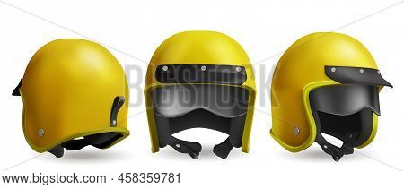 Motorcycle Helmet For Moto Race And Ride On Scooter. Vector Realistic Illustration Of 3d Retro Yello