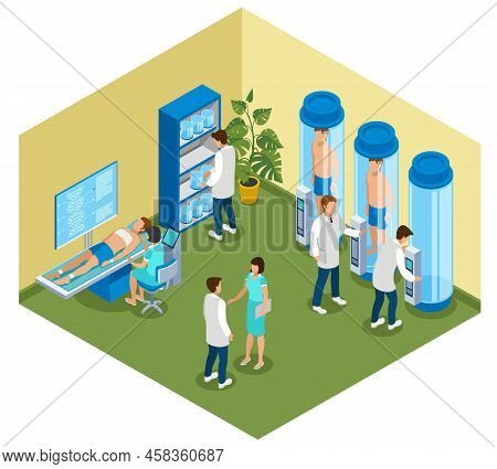 Medicine Of The Future Isometric Composition With View Of Hospital Room With Cryo Chambers And Peopl