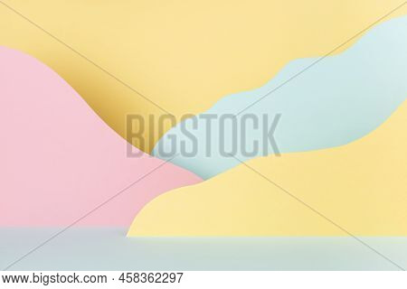 Abstract Scene - Landscape With Mountains Of Paper In Pastel Color - Pink, Yellow, Mint Color In Fun
