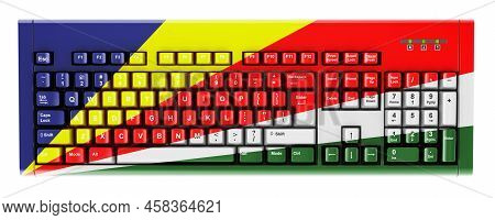 Seychelloise Flag Painted On Computer Keyboard. 3d Rendering Isolated On White Background