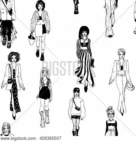 Seamless Pattern. Women In Trendy Clothes. Defile Sketch.