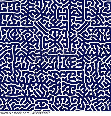 Tribal Ethnic Ornament. Turing Reaction Diffusion Blue And White Seamless Pattern