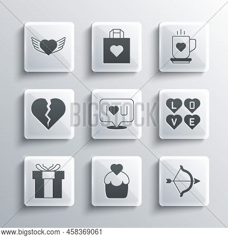 Set Wedding Cake, Bow And Arrow, Love Text, Speech Bubble I Love You, Gift Box, Broken Heart Or Divo