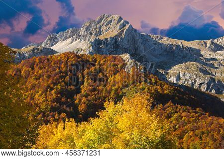 View Of The Summit Of Monte Terminillo During Autumn Sunset . Terminillo Mount Is Named The Mountain