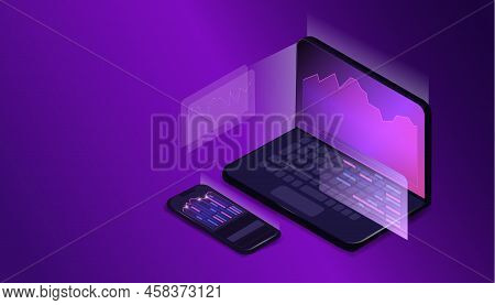 The Web Pages Are On The Laptop Screen, And The Mobile Phone Is Lying. Modern Technological Backgrou