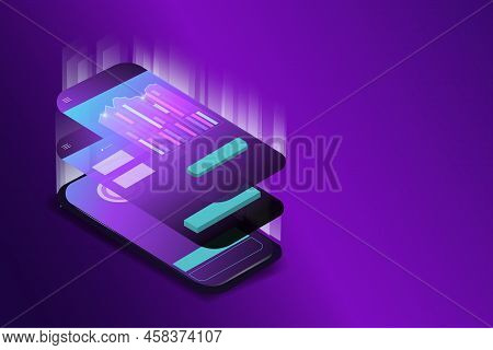 Isometric Illustration Of A Mobile Technological Interface. Gradient Purple Background. Vector Illus