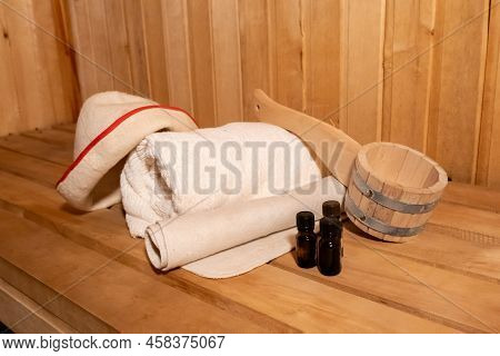 Traditional Old Russian Bathhouse Spa Concept. Interior Details Finnish Sauna Steam Room With Tradit