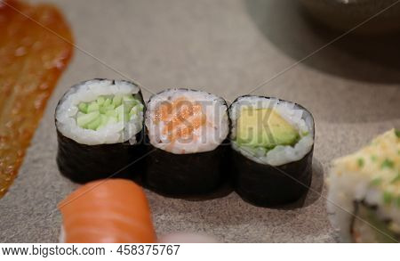 On A Plate Lies Prepared Fresh Sushi.