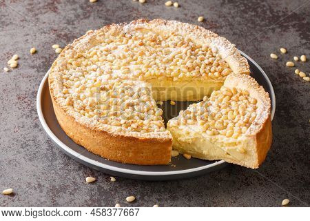 Torta Della Nonna Classic Italian Dessert Closeup In The Plate On The Table. Horizontal