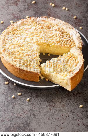 Italian Grandma's Cake Torta Della Nonna Pine Nut Custard Tart From Tuscany Closeup In The Plate On 