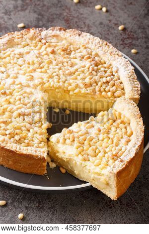 Traditional Tuscany Pastry Italian Cake Torta Della Nonna Or Grandmother's Cake Closeup In The Plate