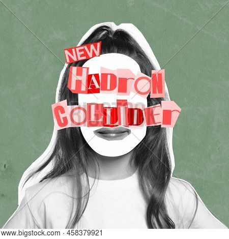 Contemporary Art Collage. Faceless Silhouette Of Woman With Lettering On Hadron Collider. Developmen