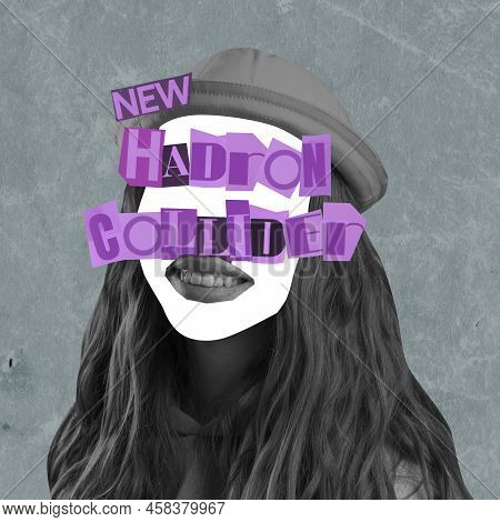 Contemporary Art Collage. Faceless Silhouette Of Girl With Lettering On Hadron Collider. Data Scienc