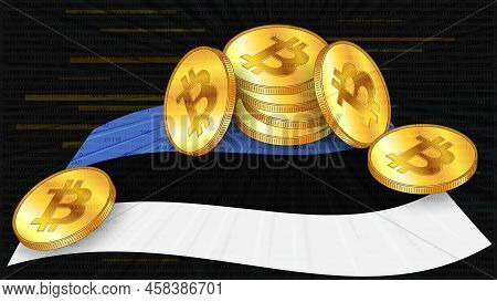 Stacks Of Gold Coins Of Bitcoin Btc On Colored Flag Of Estonia On Dark Digital Background. Central B