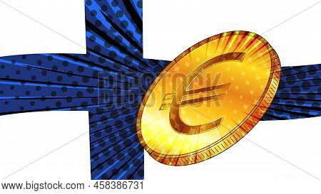 Finland Flag And Golden Coin With Sign Currency Euro Eur. Cbdc Concept. Vector Illustration.
