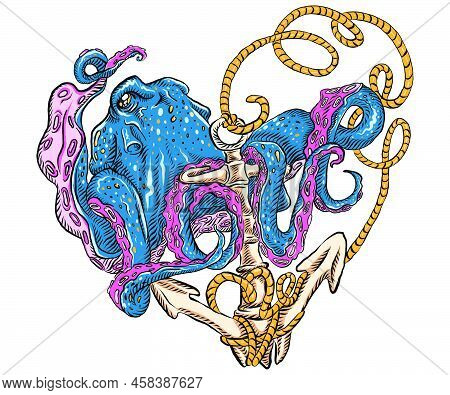 Vintage Hand Drawn Octopuses, Sunken Anchors, Seashells, Waterweeds And Seahorses. Seabed Attributes