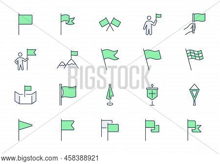 Flags Line Icons. Vector Illustration Include Icon - Pennant, Waving Banner, Point On Map, Flagpole,