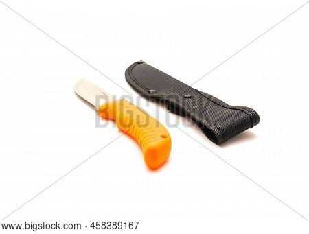 Sheath And Deer Hunting Knife With Thermoplastic Rubber Orange Handle And Razor Sharp Stainless Stee