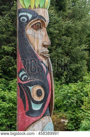 Sitka, Ak - 8 June 2022: Totem Poles Displayed In The Sitka National Historical Park In Alaska