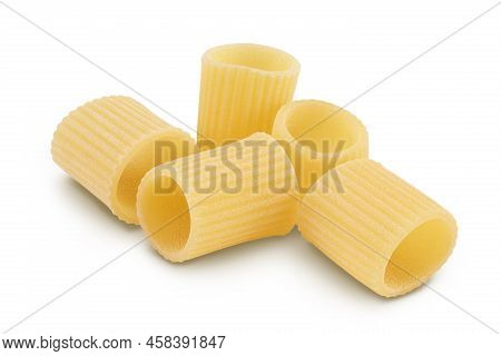 Raw Italian Pasta In Wooden Bowl Isolated On White Background. Mezze Maniche Rigate Bronze Die