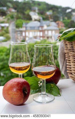 Tasting Of Strong Alcoholic Drink Calvados Made From Apples In Normandy, Calvados Region, France
