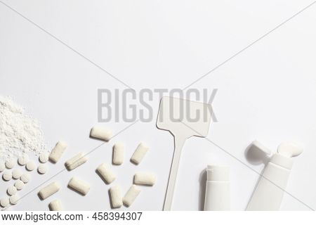 Titanium Dioxide, E171, Dangerous Additive Concept. Gum, Pills, Toothpaste, Powder And Sign With Spa