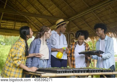Group Of Mixed Race Students And Teacher Learning Agriculture  Technology In Smart Farming , Educati
