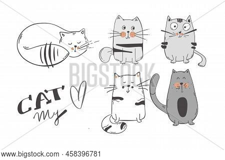 Vector Illustration Set Of Character Design Outline Of Cat Draw Doodle Style. Isolated On White. Vec