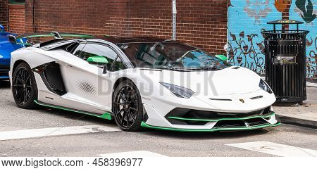 Pittsburgh, Pennsylvania, Usa July 18, 2022 A White Lamborghini Aventador On Display At The Shadysid