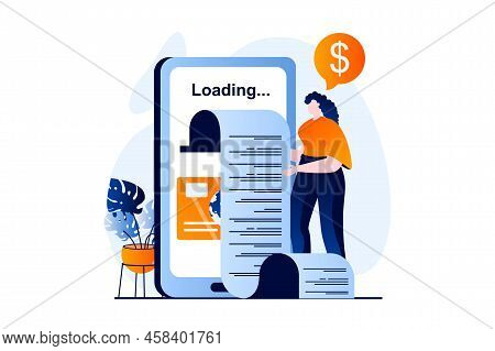 Electronic Receipt Concept With People Scene In Flat Cartoon Design. Woman Receives Digital Check To