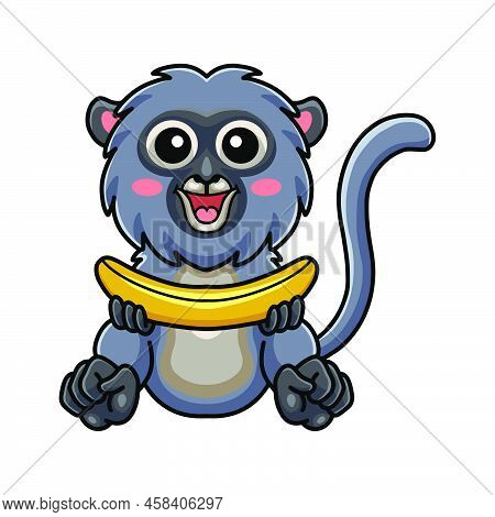 Vector Illustration Of Cute Dusky Leaf Monkey Cartoon Holding A Banana