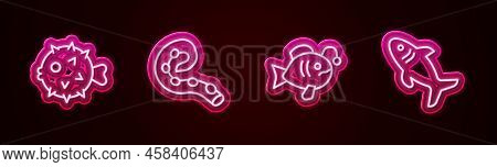 Set Line Fish Hedgehog, Octopus Of Tentacle, Tropical Fish And Shark. Glowing Neon Icon. Vector