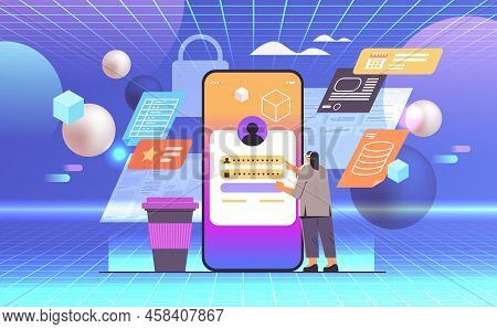 Businesswoman In Virtual Reality Glasses Entering Passcode In Personal Business Account On Smartphon