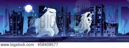 Spooky Ghosts In Destroyed Abandoned City At Night. Cartoon Halloween Characters Floating Along Stre